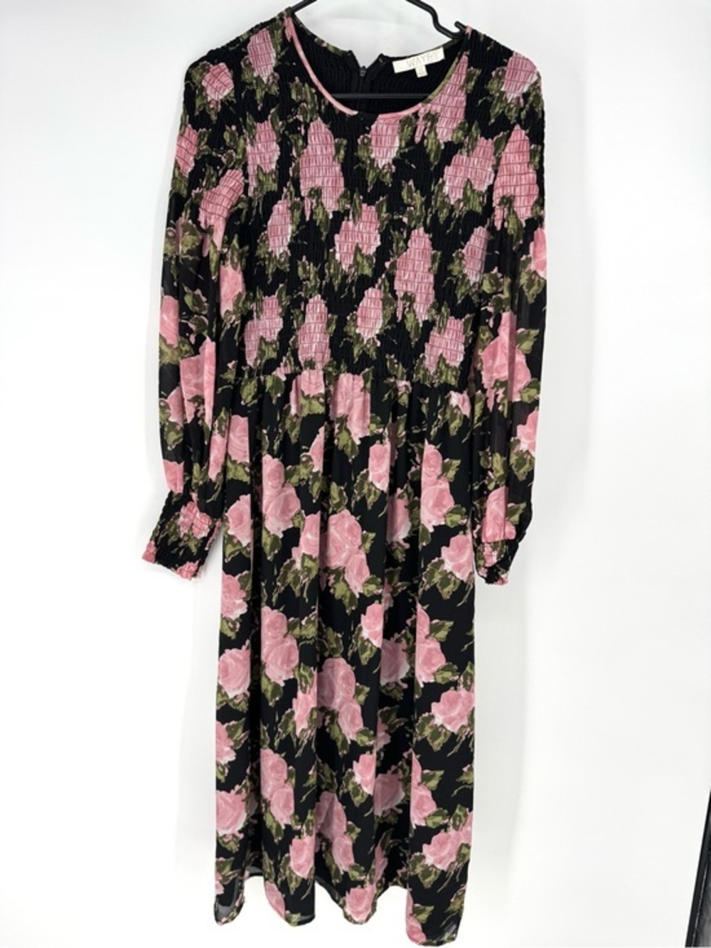 Wayf boHo whimsy coastal Black smock Dress with Pink Rose Print and Olive Leaves